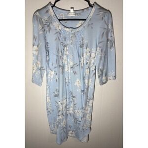 Miss Elaine Women Small Blue Floral Smocked Henley 3/4 Sleeve Knit Nightgown